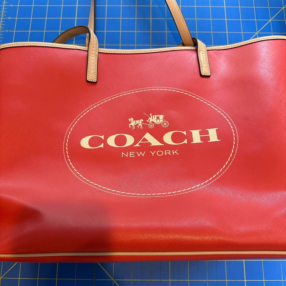 Coach Metro Red/Coral Tote with Tan Handles and Gold Logo